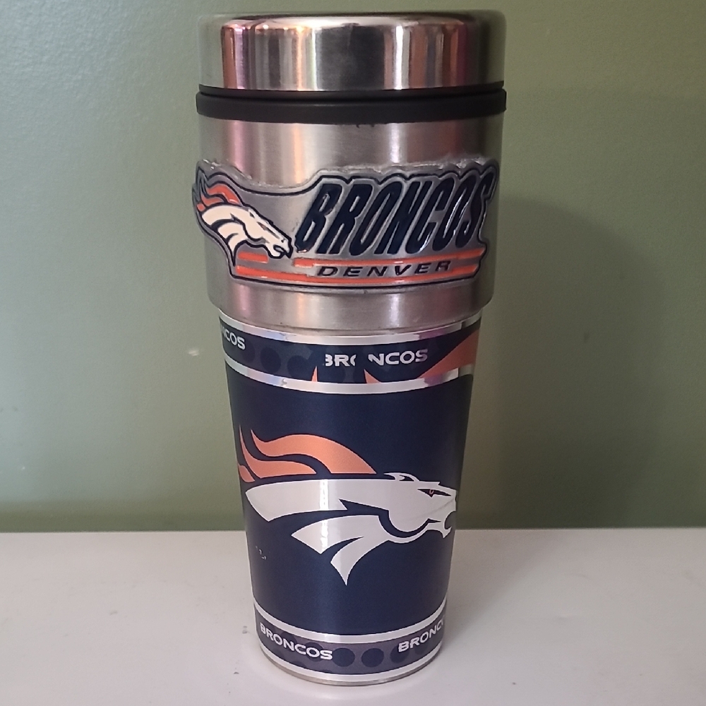 Broncos Stainless Steel Travel Mug - Silver and Blue